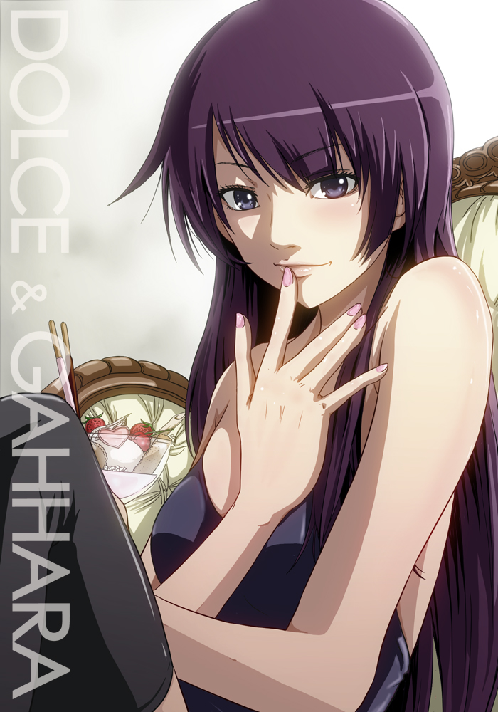 food, fruit, long_hair, monogatari_(series), nail_polish, no10, pocky, purple_eyes