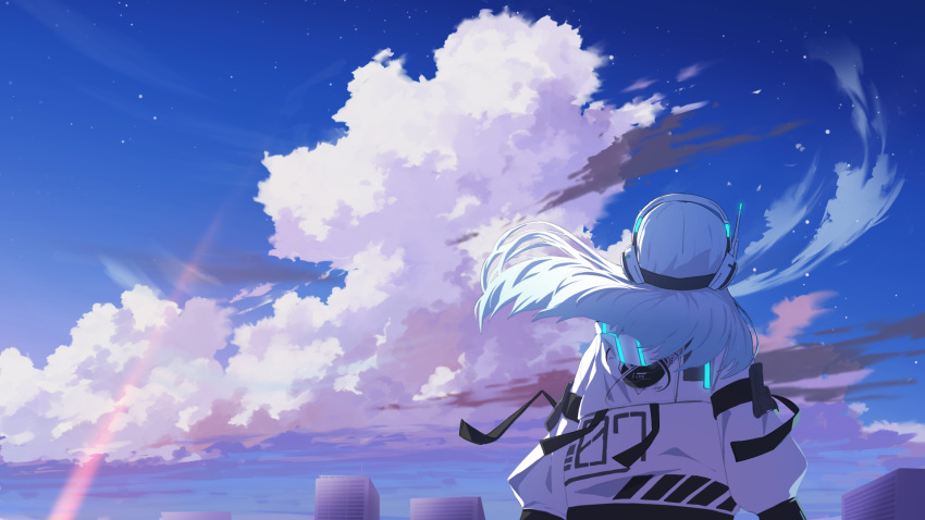 1girl, blue_sky, building, clouds, cloudy_sky, commentary_request, cumulonimbus_cloud, facing_away, from_behind, grey_hair, headphones, highres, jacket, long_hair, long_sleeves, original, outdoors, scenery, shibainu_illust, sky, solo, star_(sky), starry_sky, upper_body, white_jacket