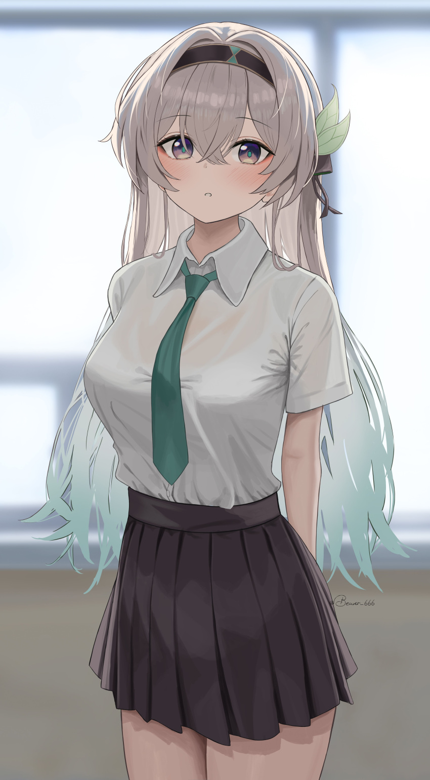 1girl, absurdres, aqua_hair, arms_behind_back, black_hairband, black_skirt, blurry, blurry_background