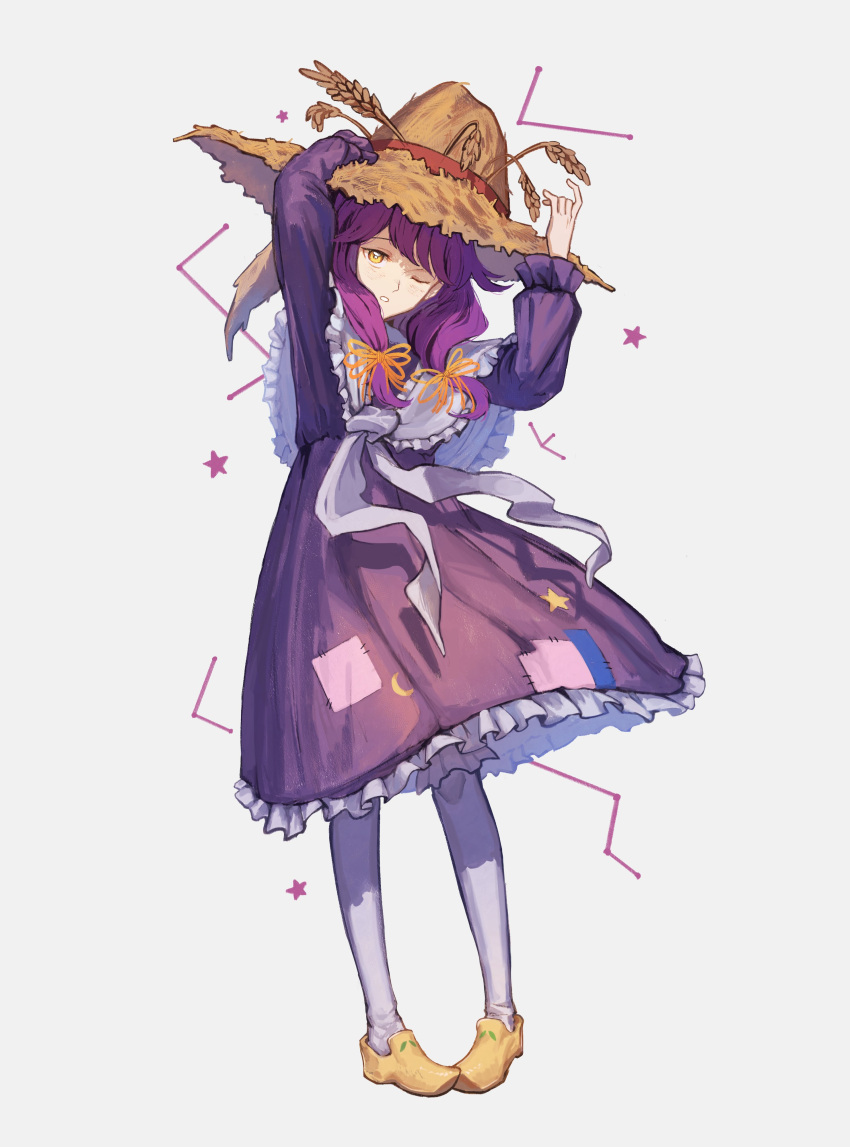 1girl, ;o, absurdres, arms_up, constellation, crescent_print, dress, elune_(elune3993), english_commentary, frilled_dress, frilled_shawl, frilled_sleeves, frills, full_body, grey_background, hand_on_headwear, hat, highres, little_goody_two_shoes, long_hair, long_sleeves, looking_at_viewer, one_eye_closed, pantyhose, parted_lips, patchwork_clothes, purple_dress, rozenmarine_(little_goody_two_shoes), shawl, simple_background, solo, star_(symbol), star_print, straw_hat, white_pantyhose, white_shawl, witch_hat, yellow_eyes, yellow_footwear