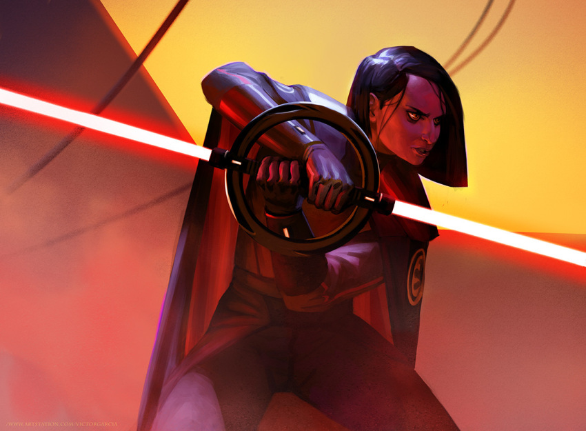 1girl, asymmetrical_hair, black_cape, black_hair, blunt_ends, cape, commentary, double_bladed_lightsaber