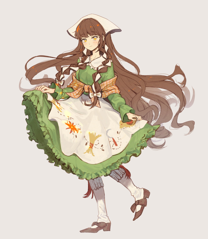 1girl, absurdres, apron, bow, braid, brown_footwear, brown_hair, brown_shawl
