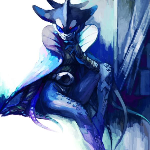 blue, blue_eyes, cape, kamen_rider, kamen_rider_ooo_(series), mezul, monster, monster_girl, solo, tentacles, yapo_(mess), yapo_(pixiv)