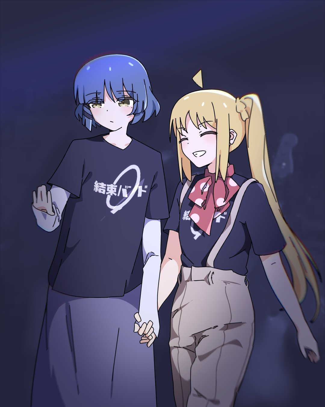 2girls, ahoge, bass_guitar, black_shirt, blonde_hair, blue_hair, bocchi_the_rock!, bow