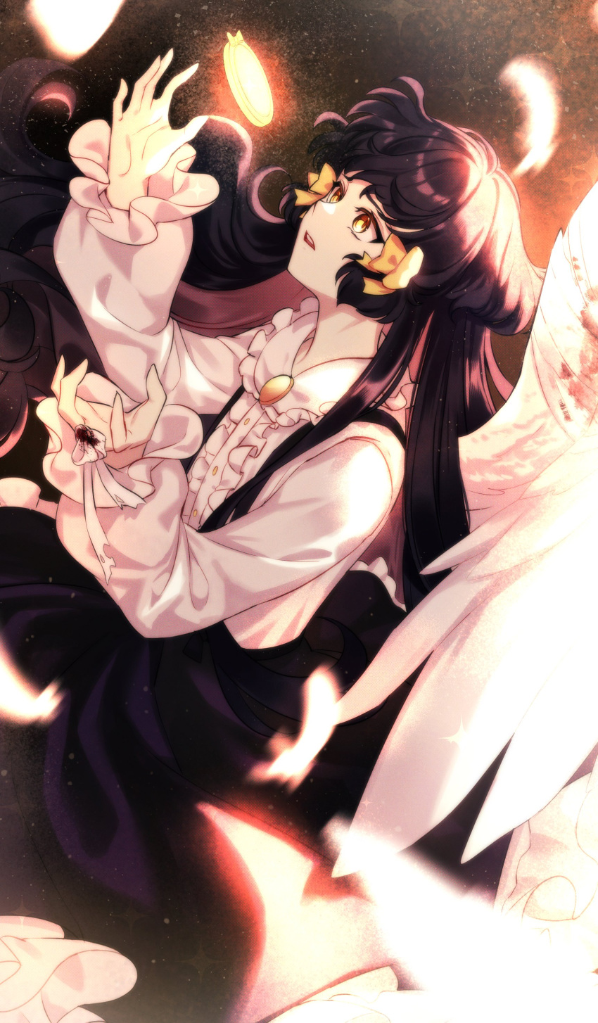 1girl, absurdres, angel_wings, asteli_i, bandaged_fingers, bandaged_wings, bandages, black_hair