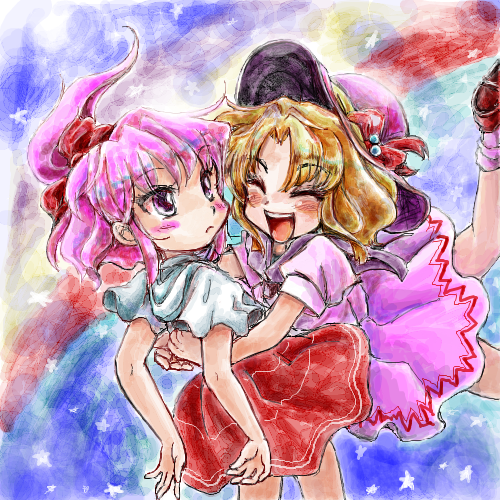 :d, blonde_hair, blush, bow, closed_eyes, dress, glomp, hair_bow, hat, hat_ribbon, hug, lowres, luize, multiple_girls, nanashii_(soregasisan), oekaki, open_mouth, pink_hair, purple_hair, ribbon, sara_(touhou), short_hair, side_ponytail, smile, star, sun_hat, touhou, touhou_(pc-98)