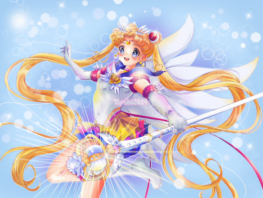 1girl, :p, bishoujo_senshi_sailor_moon, bishoujo_senshi_sailor_moon_stars, blonde_hair, blue_background, blue_eyes, blue_sailor_collar