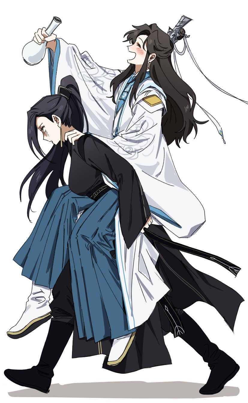 1boy, 1girl, black_footwear, black_hair, black_hanfu, blue_pants, blush, boots