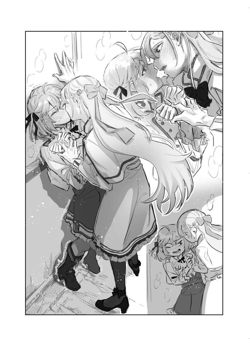 2girls, ahoge, anisphia_wynn_palettia, blush, capelet, closed_eyes, commentary_request, euphyllia_magenta