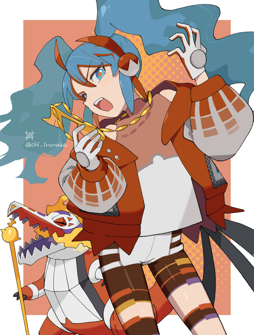 1girl, absurdres, ahoge, bike_shorts, blue_eyes, blue_hair, chi_inonaka, commentary_request, fire_miku_(project_voltage), gloves, hatsune_miku, headphones, highres, holding, jacket, jewelry, long_hair, multicolored_hair, necklace, open_clothes, open_jacket, open_mouth, pokemon, pokemon_(creature), project_voltage, red_pupils, shirt, skeledirge, teeth, tongue, twintails, two-tone_hair, upper_teeth_only, vocaloid, watermark