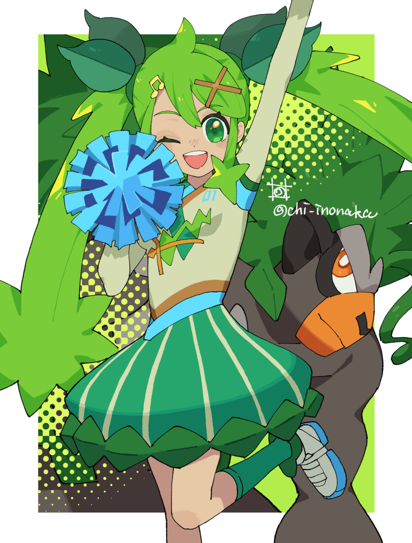 1girl, ;d, absurdres, arm_up, chi_inonaka, commentary_request, grass_miku_(project_voltage), green_eyes