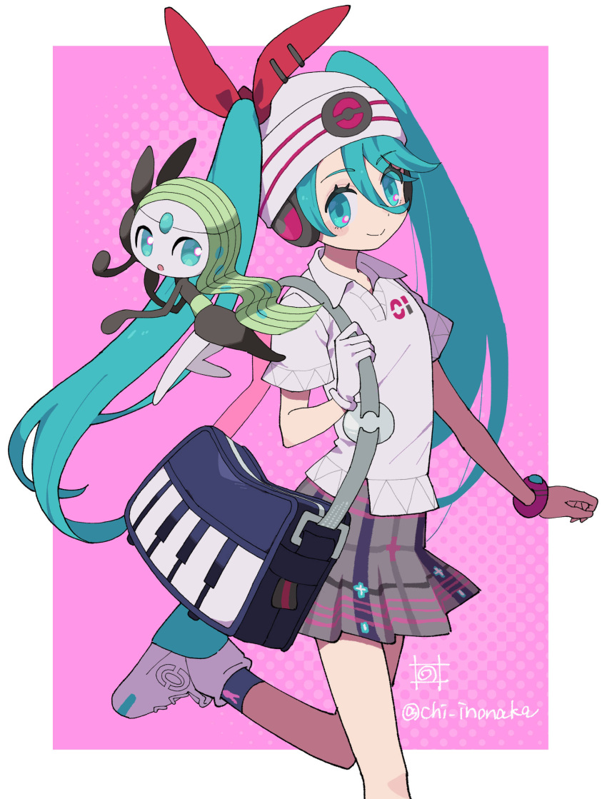 1girl, absurdres, bag, beanie, blush_stickers, border, chi_inonaka, closed_mouth, collared_shirt, commentary_request, eyelashes, gloves, green_eyes, green_hair, hair_ribbon, hat, hatsune_miku, highres, leg_up, long_hair, meloetta, pink_background, plaid, plaid_skirt, pokemon, pokemon_(creature), project_voltage, psychic_miku_(project_voltage), red_ribbon, ribbon, shirt, shoes, short_sleeves, skirt, smile, socks, twintails, vocaloid, white_border, white_hat