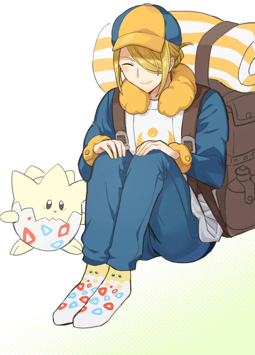 1boy, backpack, bag, blonde_hair, brown_bag, character_print, chi_inonaka, closed_eyes