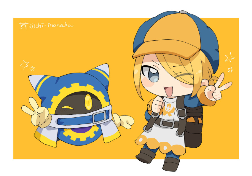 1boy, ;d, backpack, bag, belt, blonde_hair, blue_jumpsuit, blush_stickers