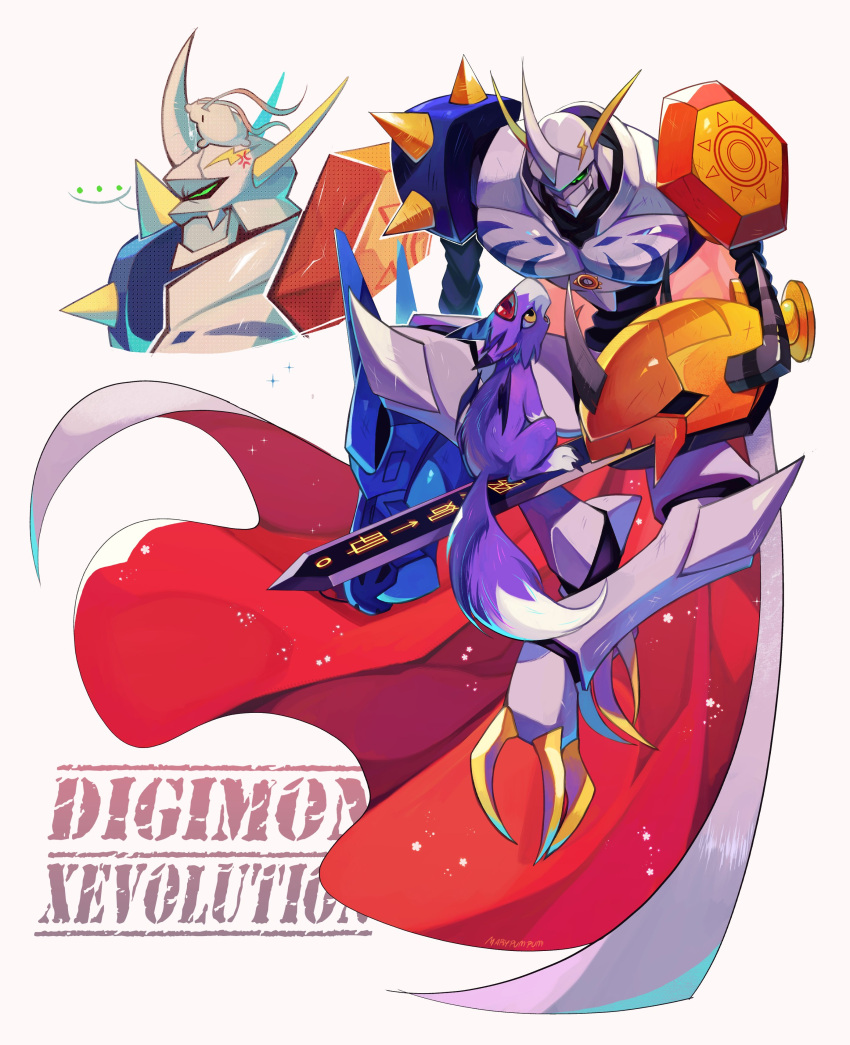 absurdres, arm_blade, armor, cape, copyright_name, crossed_legs, digimon, digital_monster_x-evolution