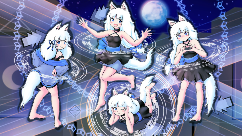 4girls, animal_ears, arrow_(symbol), barefoot, black_dress, blue_eyes, blue_jacket, blue_sash