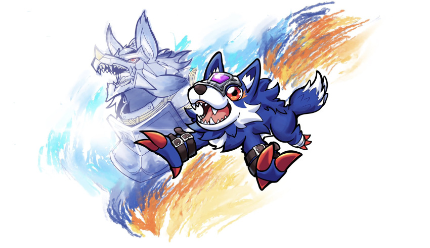 blue_fur, digimon, digimon_(creature), digimon_seekers, dog, evolutionary_line, fangs, fenriloogamon, forehead_jewel, full_body, highres, loogamon, no_humans, papersminto, red_eyes, sharp_teeth, snout, teeth, two-tone_fur, white_background, white_fur, wolf