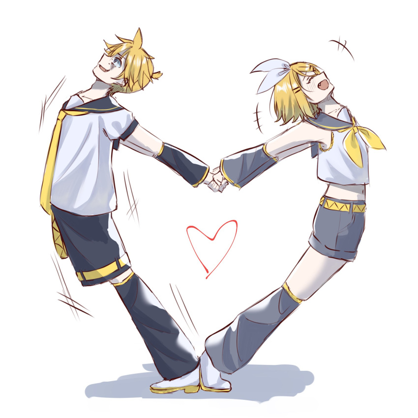 1boy, 1girl, arched_back, black_leg_warmers, black_sailor_collar, black_shorts, black_sleeves, blonde_hair, blue_eyes, bow, brother_and_sister, constricted_pupils, fang, flat_chest, grey_leg_warmers, grey_sailor_collar, grey_shorts, grey_sleeves, hair_bow, hair_ornament, hairclip, heart_arms, highres, kagamine0928, kagamine_len, kagamine_rin, midriff, navel, necktie, pain, pale_skin, sailor_collar, short_ponytail, short_sleeves, shorts, siblings, spiky_hair, turn_pale, twins, vocaloid, white_bow, white_footwear, wince, yellow_necktie