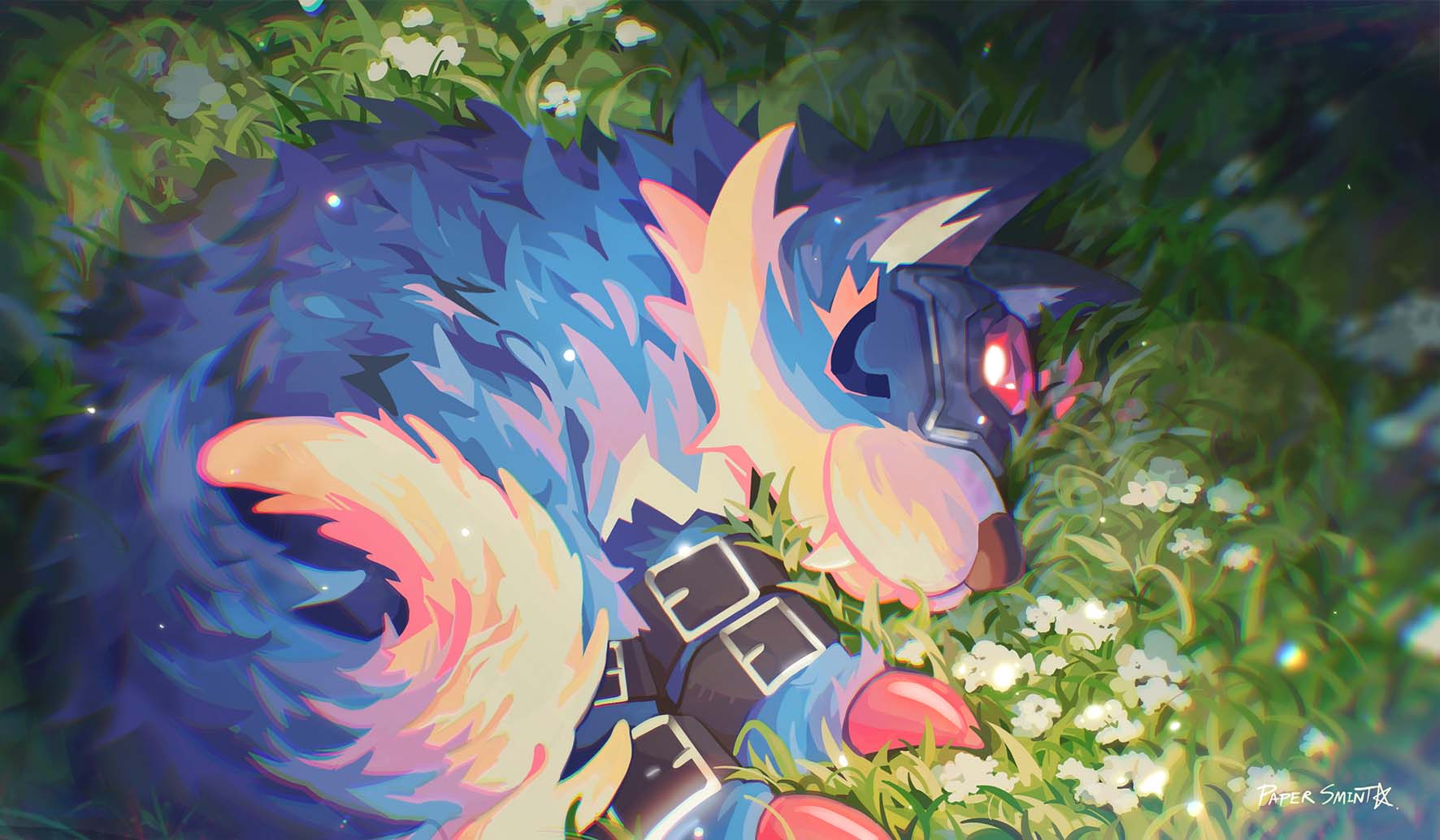 blue_fur, body_fur, closed_eyes, digimon, digimon_(creature), dog, fangs, forehead_jewel