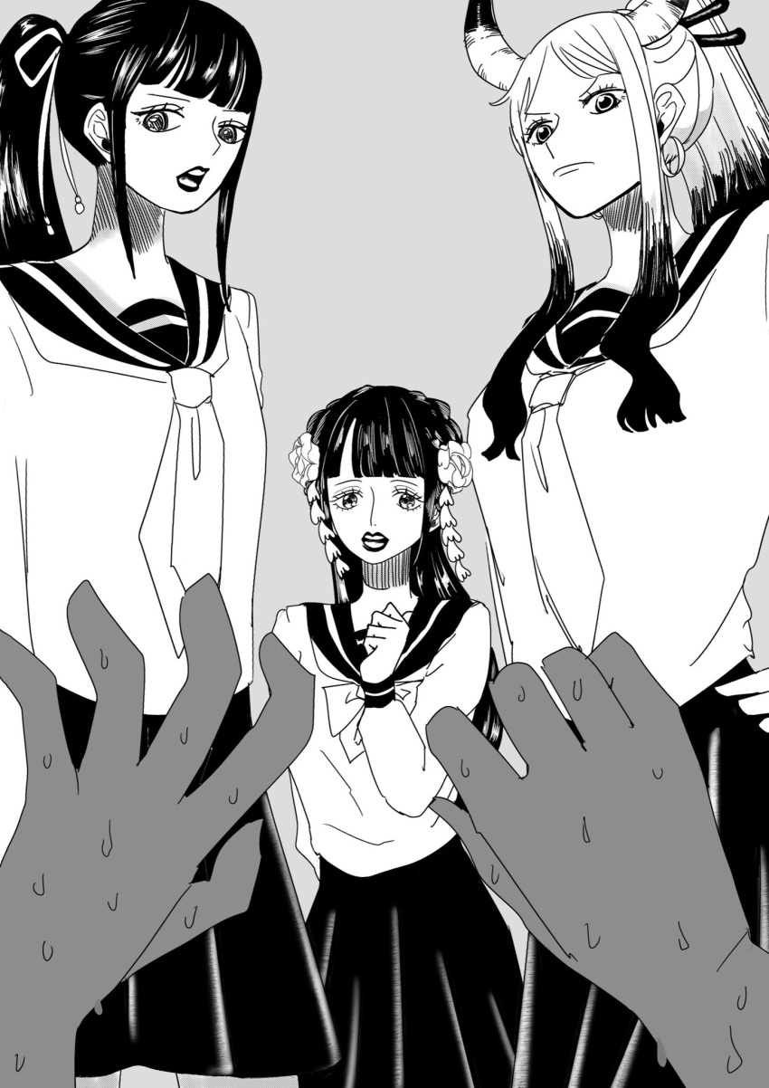 blunt_bangs, closed_mouth, commentary_request, earrings, eyelashes, greyscale, hair_ornament, hair_ribbon
