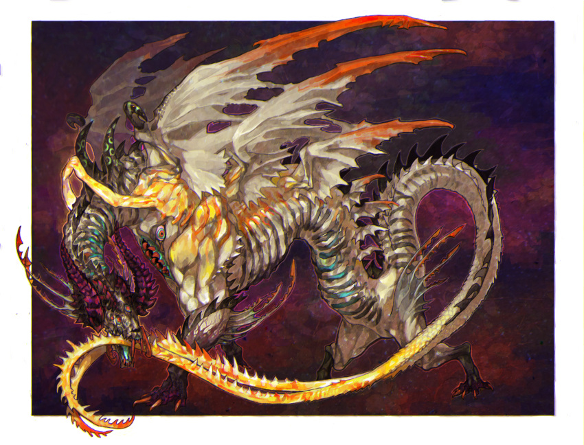 animal_focus, aokarasu_punko, arm_fins, blue_sclera, border, chest_mouth, claws, colored_sclera