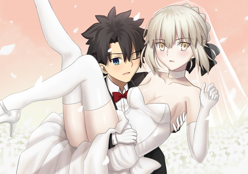1boy, 1girl, absurdres, artoria_pendragon_(fate), black_hair, black_ribbon, blonde_hair, blush