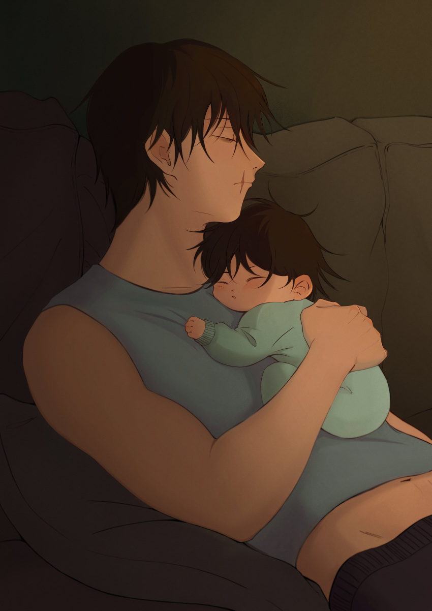 2boys, absurdres, aged_down, baby, black_hair, blue_pajamas, blue_tank_top, closed_eyes