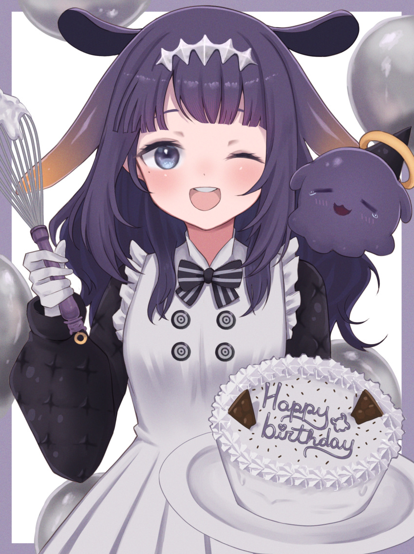 1girl, ;d, animal_ears, apron, balloon, birthday_cake, black_bow, black_bowtie