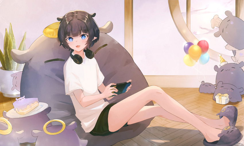 1girl, :d, absurdres, animal_ears, bean_bag_chair, black_hair, black_shorts, blue_eyes