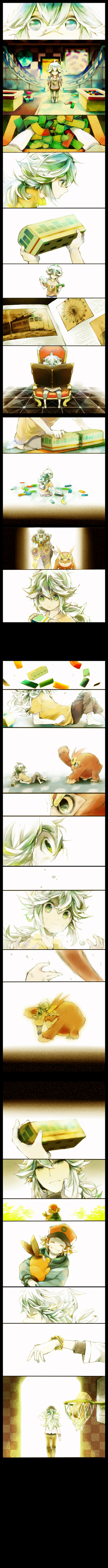 baseball_cap, cloak, comic, darmanitan, fushitasu, geechisu_(pokemon), green_hair, hat