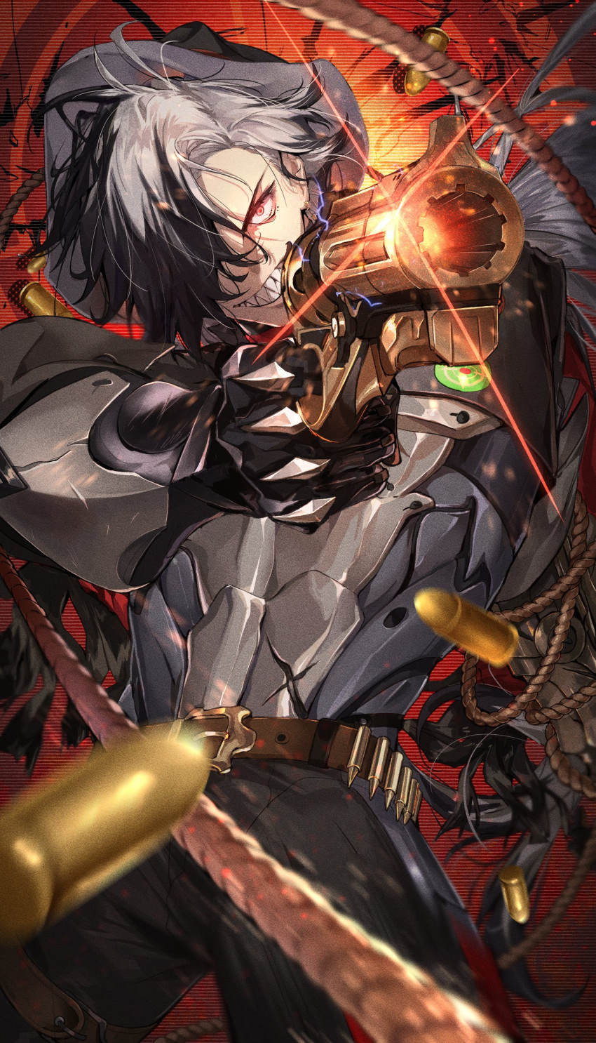 1boy, absurdres, belt, belt_buckle, black_hair, boothill_(honkai:_star_rail), brown_belt, buckle, cyborg, futon_(ftn_7118), gun, hair_over_one_eye, highres, holding, holding_gun, holding_weapon, honkai:_star_rail, honkai_(series), long_hair, male_focus, multicolored_hair, rope, sharp_teeth, solo, split-color_hair, teeth, two-tone_hair, weapon, white_hair