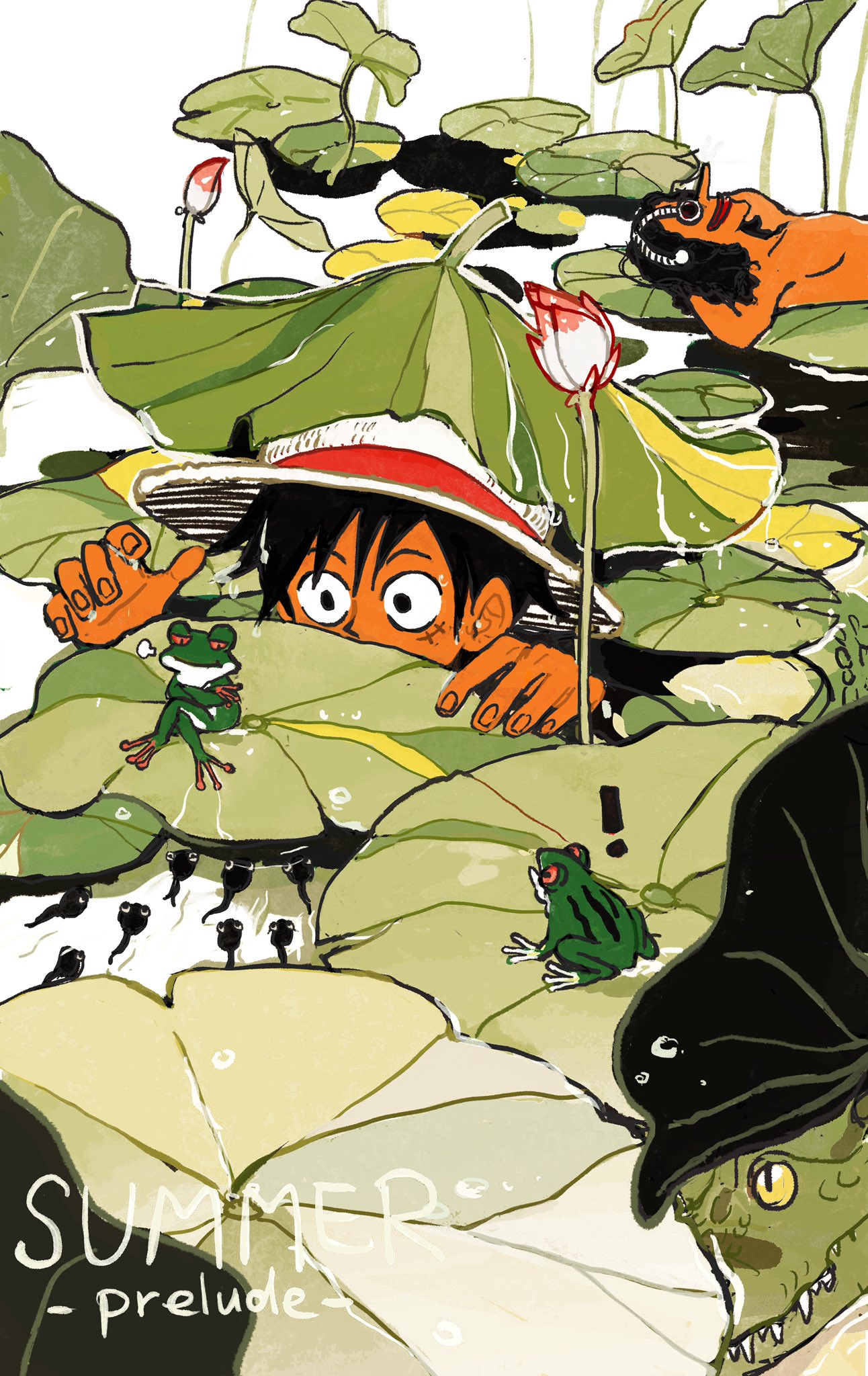 !, 2boys, animal, arms_behind_head, black_hair, crossed_legs, english_text, frog
