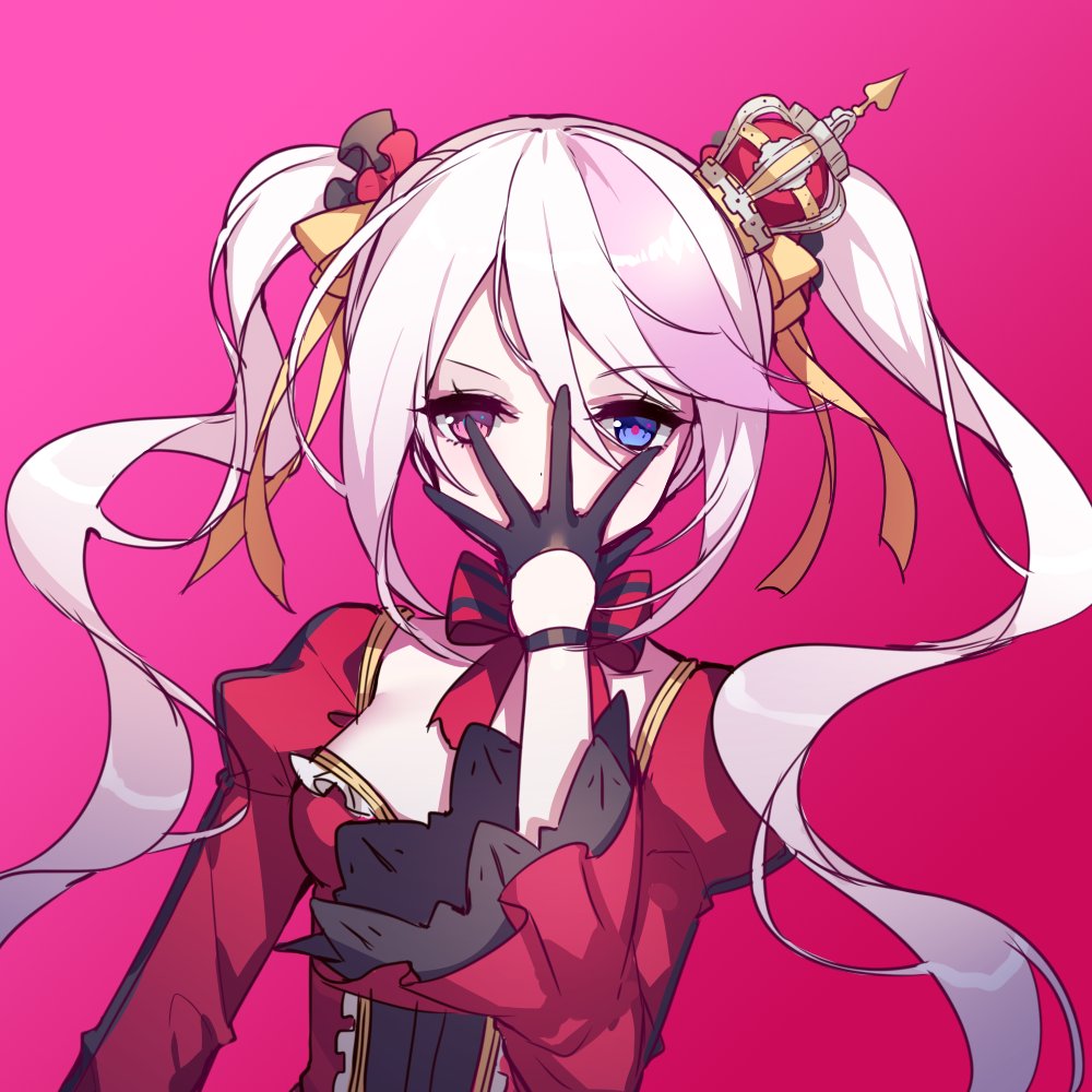 1girl, 6_yin, black_gloves, breasts, crown, dress, gloves, hair_between_eyes