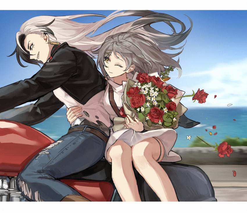 1boy, 1girl, black_hair, blue_sky, boothill_(honkai:_star_rail), bouquet, couple, dress