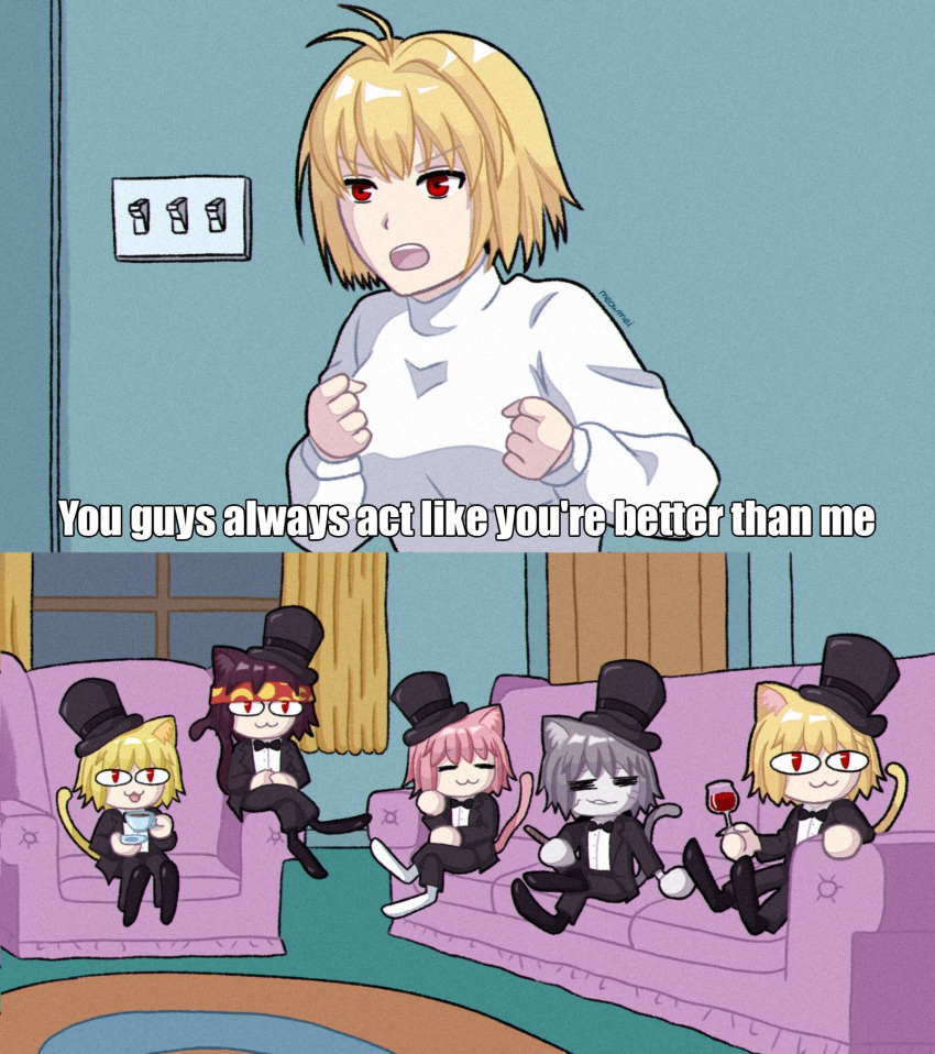 2boys, 4girls, :3, =_=, alcohol, animal_ears, arcueid_brunestud, black_bow, black_bowtie, black_suit, bow, bowtie, brown_hair, cat_boy, cat_ears, cat_girl, cat_tail, cigarette, colored_skin, couch, cup, door, drinking_glass, english_text, family_guy, grey_hair, grey_skin, hat, highres, holding, holding_cigarette, holding_cup, holding_saucer, indoors, living_room, meowmei, multiple_boys, multiple_girls, neco-arc, neco-arc_bubbles, neco-arc_chaos, neco-arc_destiny, neco-arc_evolution, neco_spirit, on_couch, pant_suit, pants, pink_hair, red_eyes, saucer, scene_reference, subtitled, suit, sweater, tail, tea, teacup, top_hat, traditional_bowtie, tsukihime, turtleneck, turtleneck_sweater, white_sweater, window, wine, wine_glass