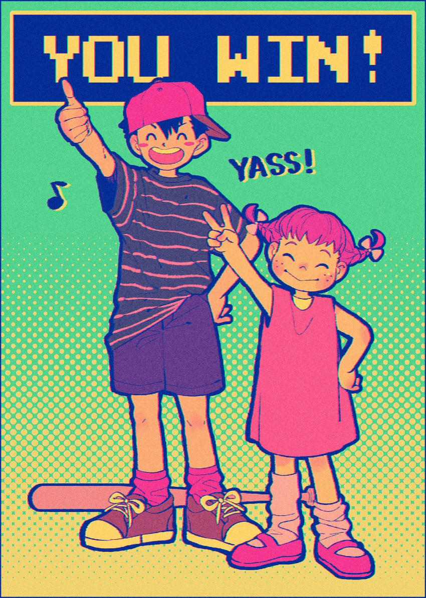 1boy, 1girl, ^_^, baseball_cap, black_hair, blue_shirt, blue_shorts, blush