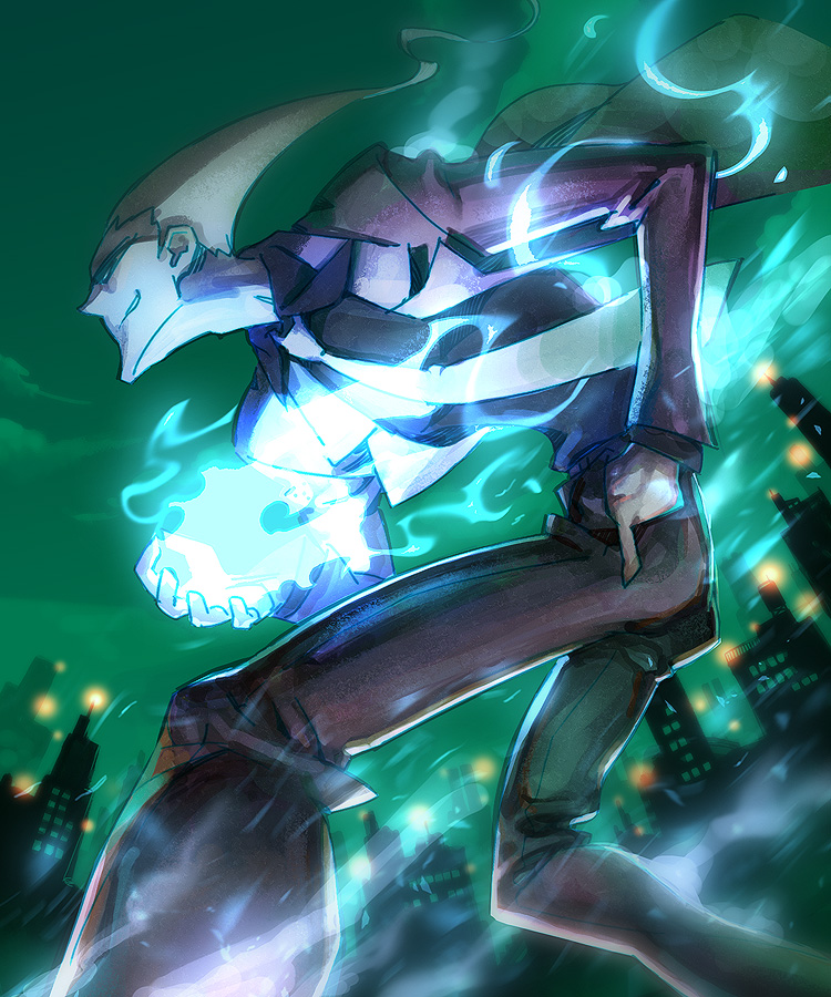 building, city, energy, ghost_trick, glasses, glowing, grin, hand_in_pocket