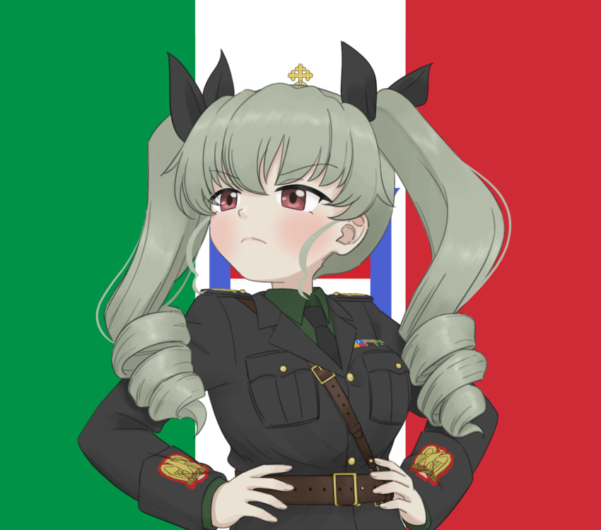 anchovy_(girls_und_panzer), benito_mussolini, benito_mussolini_(cosplay), black_cat03, black_jacket, black_necktie, black_ribbon, closed_mouth