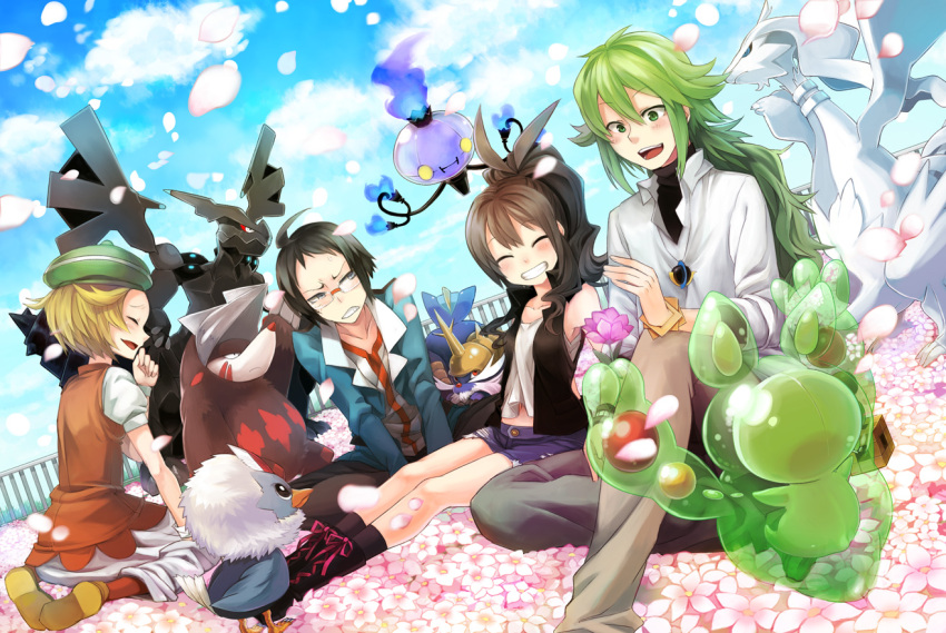 2boys, 2girls, ahoge, angry, antenna_hair, armpits, bare_shoulders, bell_(pokemon)