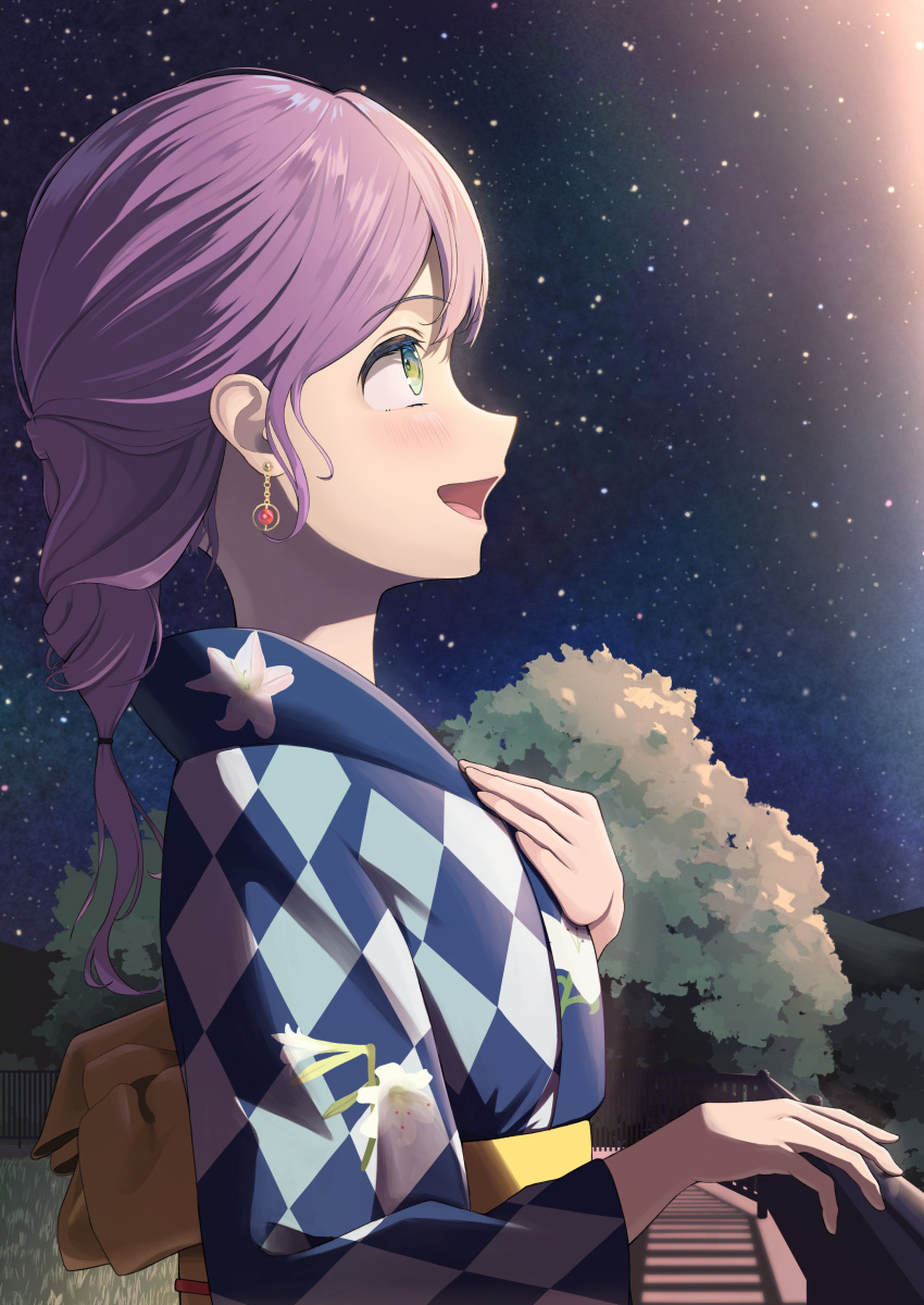 1girl, absurdres, alt_text, argyle_clothes, argyle_kimono, asumi_dori, blue_kimono, earrings