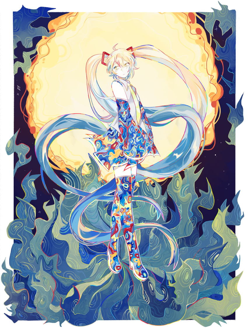 1girl, abstract, abstract_background, absurdres, ahoge, aqua_hair, arms_at_sides, bare_shoulders