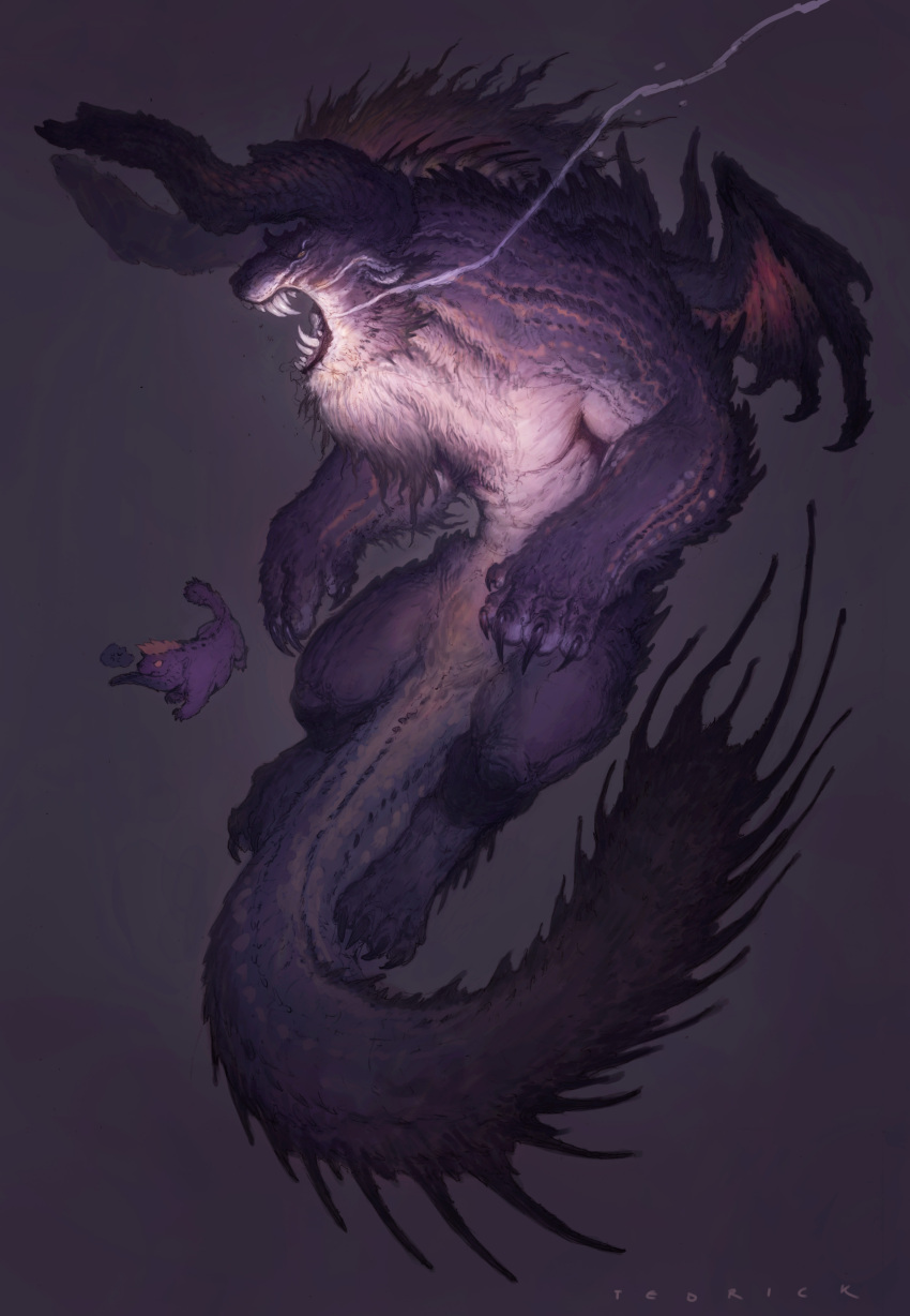 absurdres, animal_focus, artist_name, behemoth_(final_fantasy), brown_eyes, claws, commentary, creature, english_commentary, final_fantasy, full_body, highres, horns, john_tedrick, large_horns, looking_at_viewer, monster, no_humans, open_mouth, profile, purple_background, realistic, scales, sharp_teeth, signature, simple_background, tail, teeth, wings