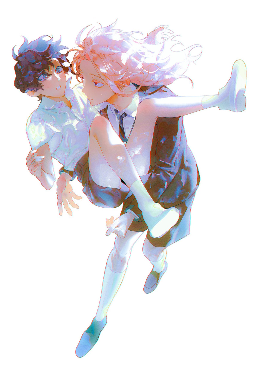2boys, black_footwear, black_hair, black_jacket, black_necktie, black_shorts, catching, collared_shirt