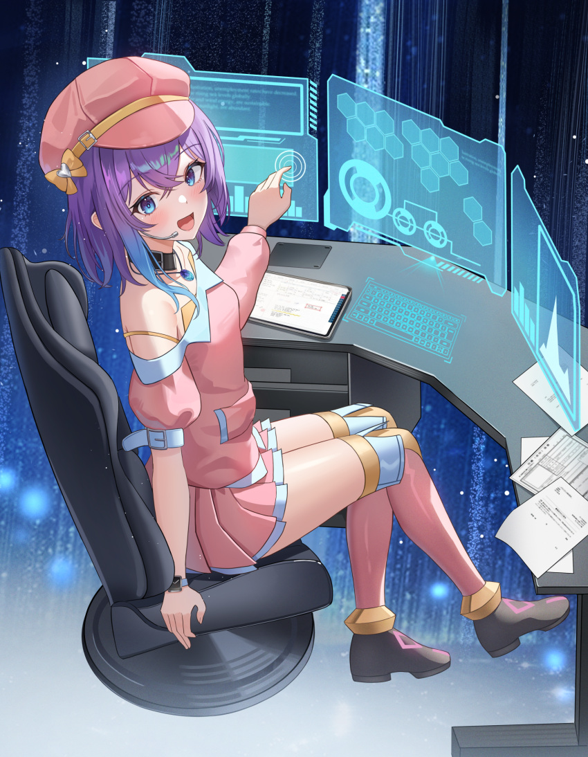 1girl, black_footwear, blue_eyes, blush, commission, desk, hat, highres