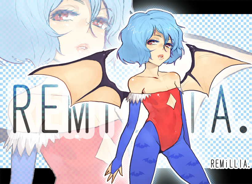 bat_wings, blue_hair, blue_pantyhose, bridal_gauntlets, character_name, cosplay, flat_chest, highleg