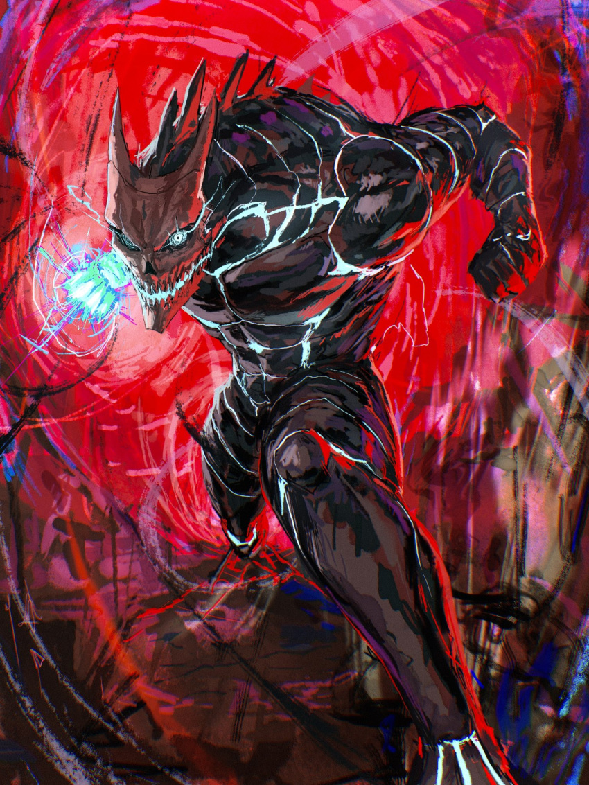 1boy, abs, black_scales, blue_eyes, glowing, glowing_arm, glowing_eyes, glowing_feet