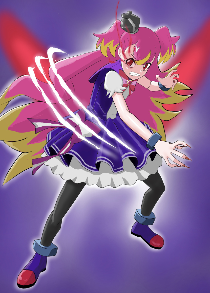 1girl, absurdres, arched_crown, black_pantyhose, brooch, claw_pose, crown, cuffs, cure_wonderful, dark_persona, fangs, fingernails, garugaru_(precure), glowing, glowing_eyes, heart, heart_brooch, highres, inukai_komugi, jewelry, jszm7333_kobo, long_fingernails, mini_crown, multicolored_hair, pantyhose, pink_hair, precure, red_eyes, red_nails, shackles, sharp_fingernails, slashing, solo, wonderful_precure!