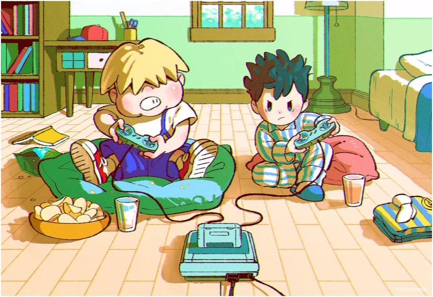 2boys, bed, bedroom, blonde_hair, blue_footwear, blue_overalls, book, bookshelf