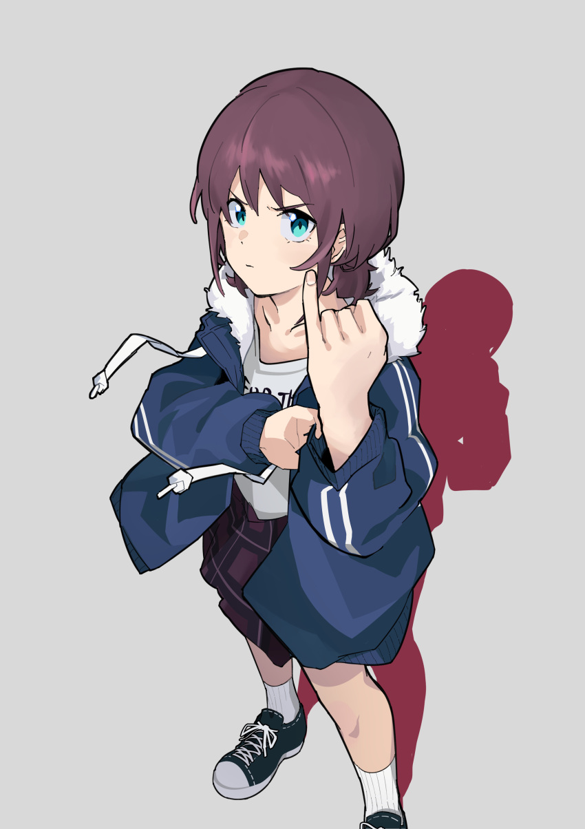 1girl, absurdres, black_footwear, blue_jacket, blush, closed_mouth, commentary, dated_commentary