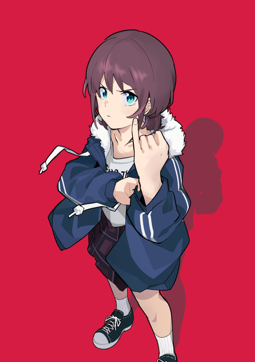 1girl, absurdres, black_footwear, blue_jacket, blush, closed_mouth, commentary, dated_commentary